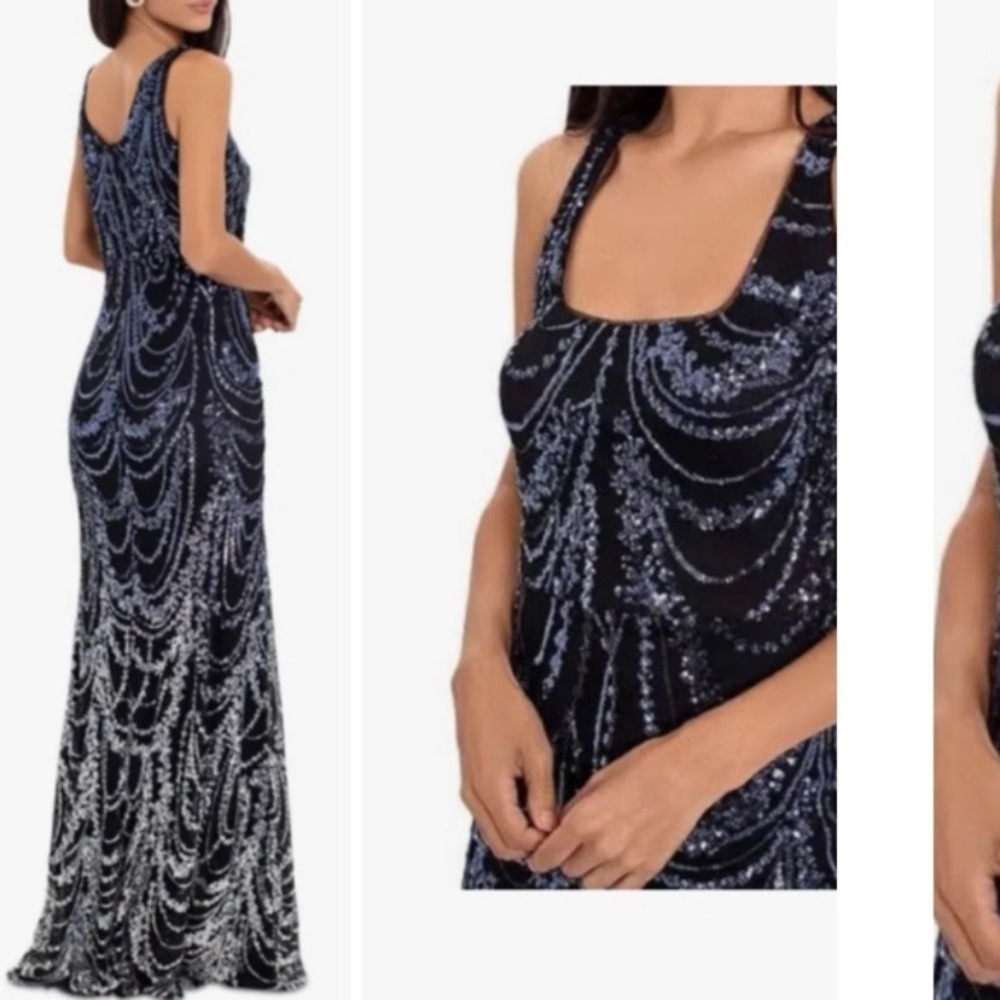Betsy & Adam Sequined Square Neck Sleeveless Split Hem Gown in Navy/Silver - Picture 3 of 7